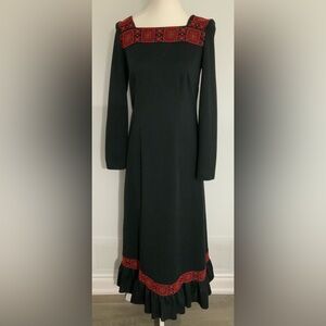 Traditional Ukrainian Hand Embroidered Black, Long Sleeve Full Length Dress